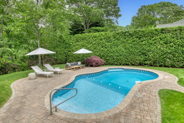 a view of a swimming pool with a patio and a garden