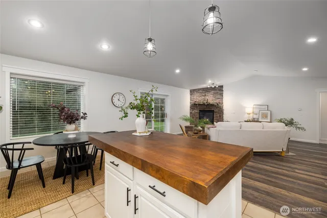 a view of a dining room with furniture
