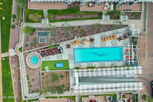 a view of a patio with swimming pool