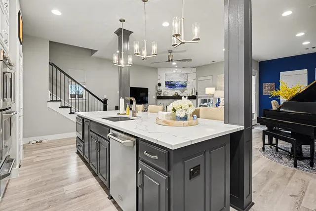 a kitchen with stainless steel appliances kitchen island a chandelier