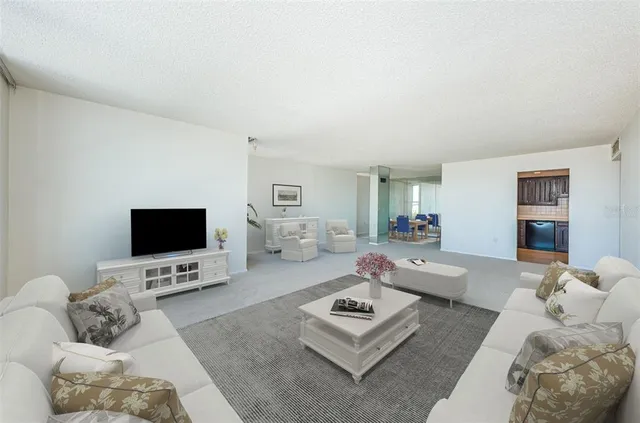 a view of a dining room with furniture