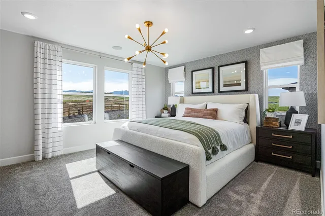 a bedroom with a bed and a chandelier