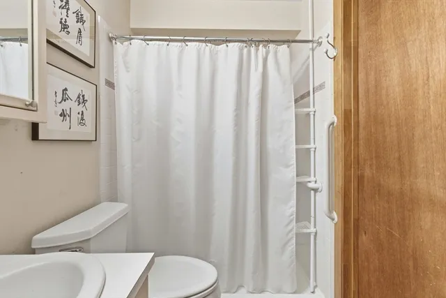 a white toilet sitting next to a shower curtain