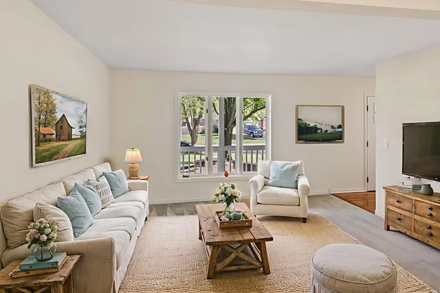 a living room with furniture a rug a window and a flat screen tv