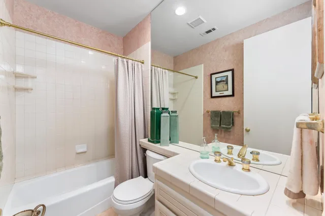 a aerial view of a house with a yard and potted plants