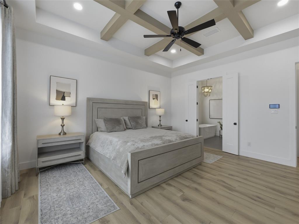 4211 Azalea Way Midlothian, TX 76065 - Photo 20 of 39 Tray ceiling with exposed wood beams, recessed lighting, and a ceiling fan