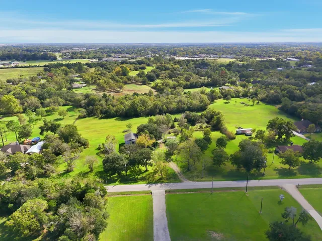 an aerial view of a residential houses with outdoor space and trees