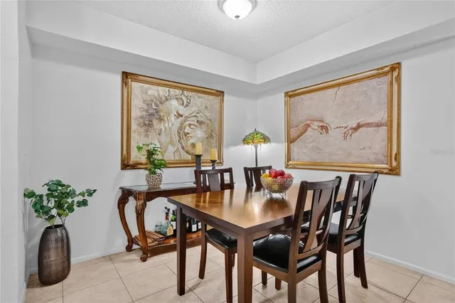 a view of a dining room with furniture a potted plant and a painting