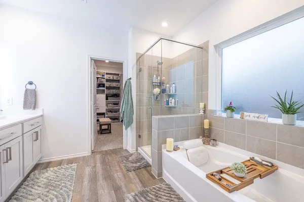 a bathroom with a tub sink and a mirror