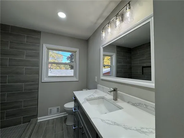 a bathroom with a sink a toilet and a mirror