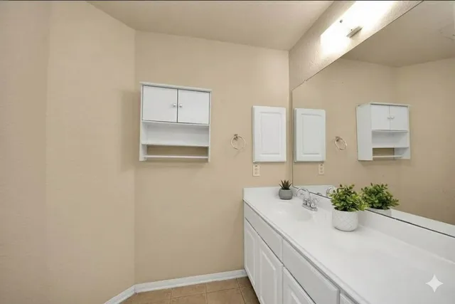 a bathroom with a sink and a mirror