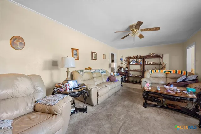 a living room with furniture and a ceiling fan
