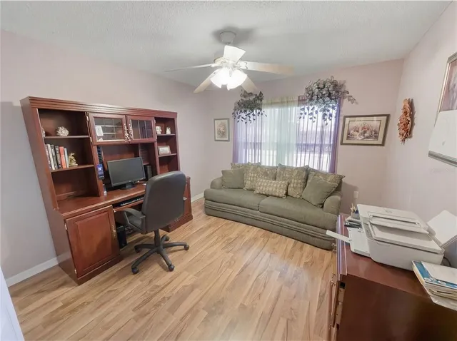 a backyard of a house with large trees and plants