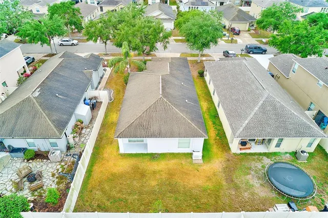 an aerial view of a swimming pool