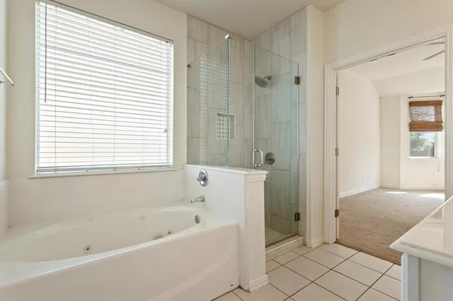 a bathroom with a bathtub and a shower