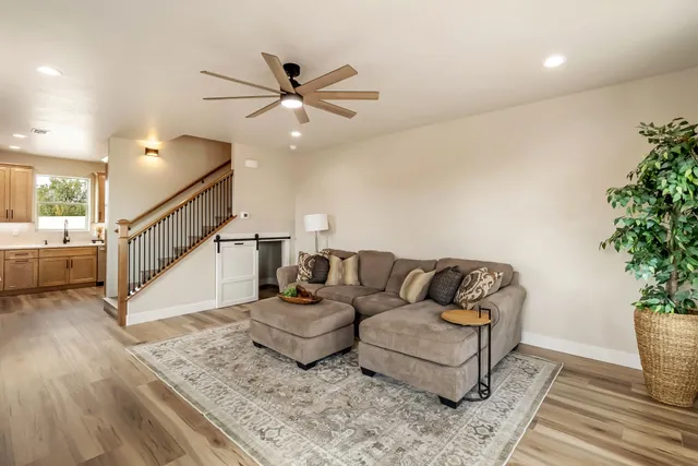 a living room with furniture and a potted plant