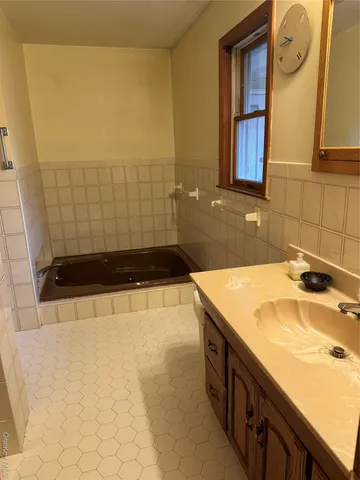 a bathroom with a tub sink and mirror
