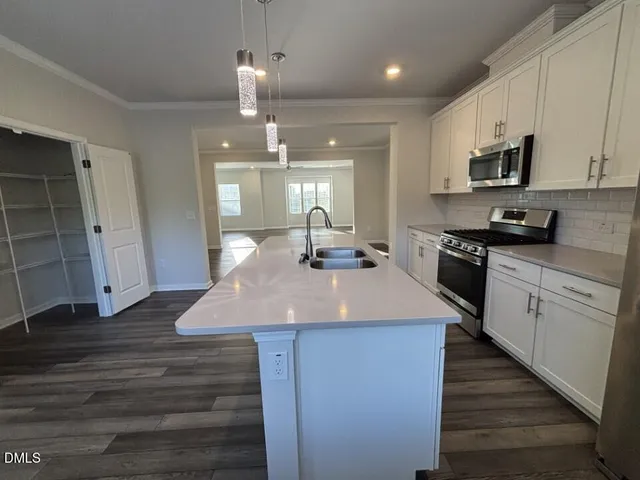 a kitchen with stainless steel appliances granite countertop a sink a stove and a wooden floors