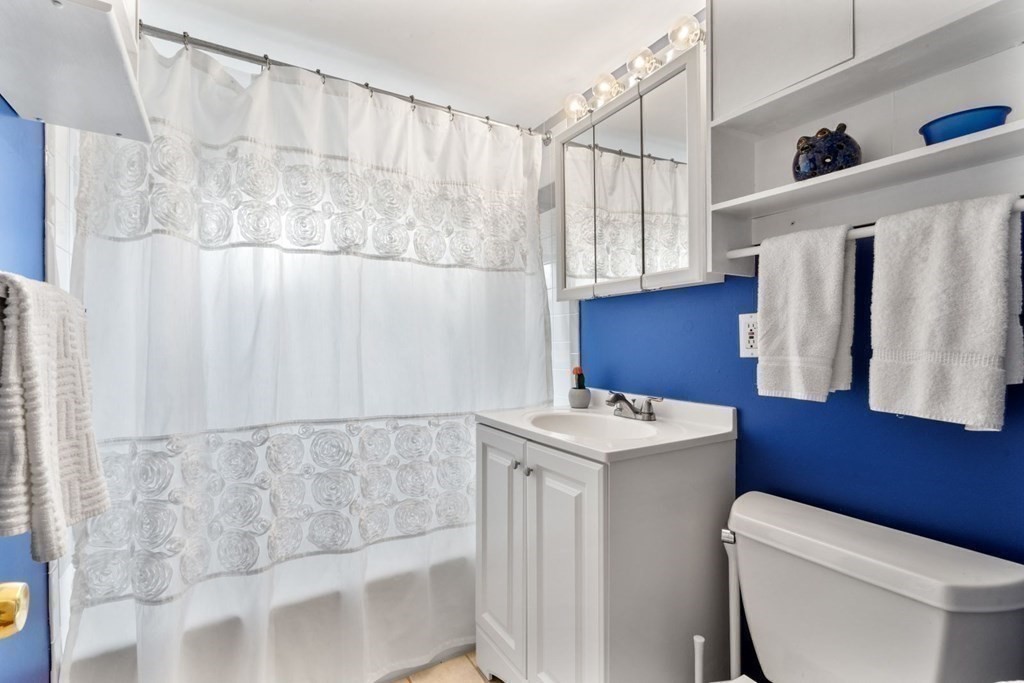 64 Bryon Road, Unit B641 Boston, MA 02467 - Photo 18 of 26 a bathroom with a sink a toilet and shower curtain