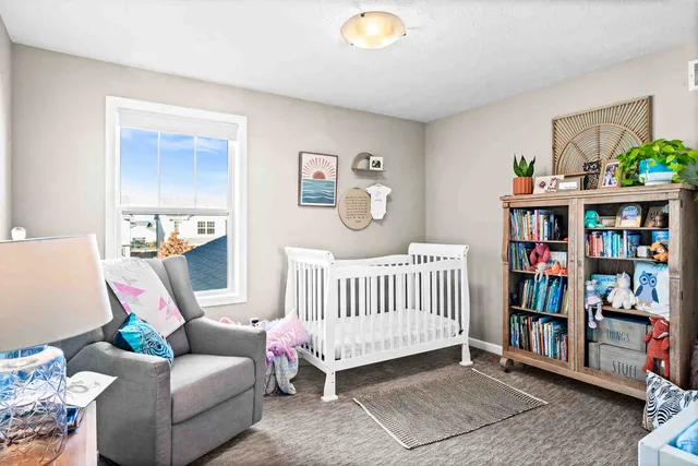 a bedroom with furniture and a book shelf