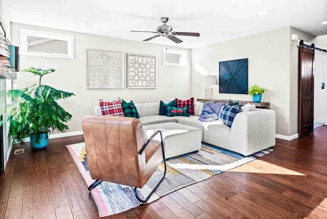 a living room with furniture and a potted plant