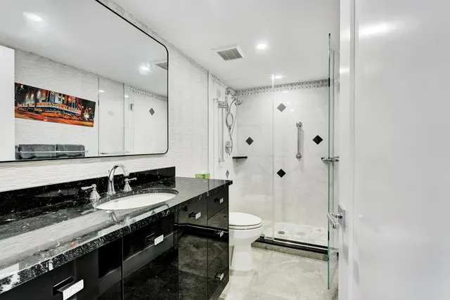 a large bathroom with a granite countertop sink a toilet a mirror and shower