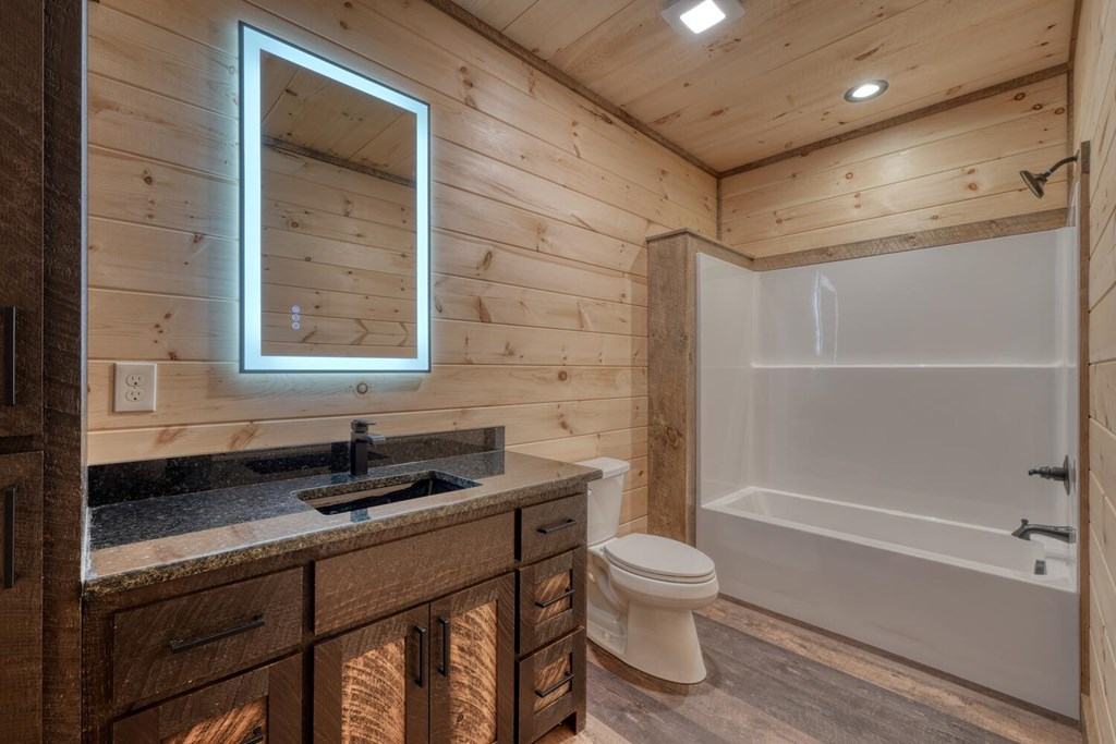 250 Wolfcreek Road Mineral Bluff, GA 30559 - Photo 50 of 59 a bathroom with a granite countertop sink a toilet and shower