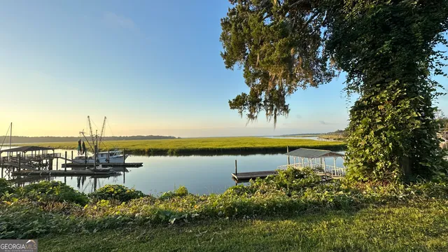 a view of a lake with a garden