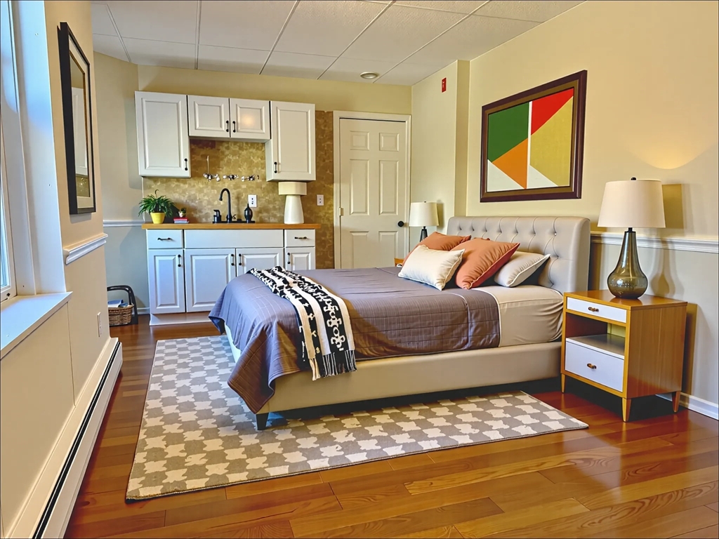 9 Bowdoin Street, Unit 6 Boston, MA 02114 - Photo 1 of 5 a bedroom with a bed and wooden floor