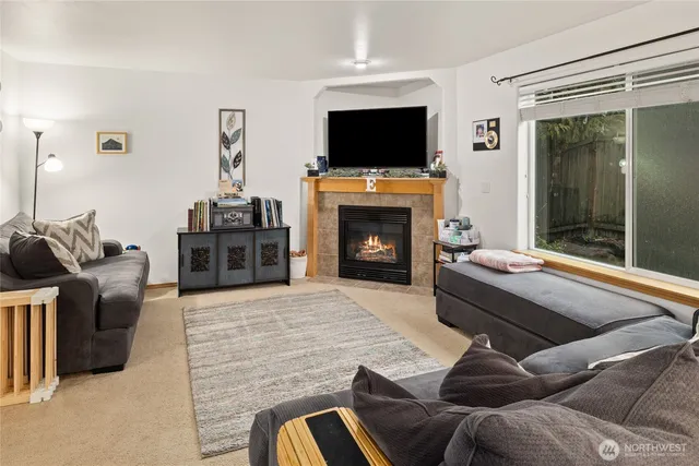 a living room with furniture and a fireplace or television