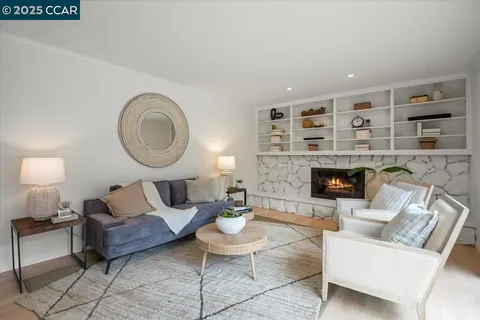 a living room with furniture a rug and a fireplace
