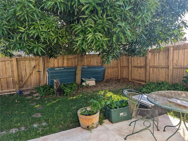 a garden view with a seating space