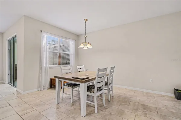 a view of a dining room with furniture and window