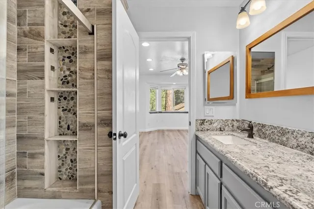 a bathroom with a granite countertop sink a mirror and shower