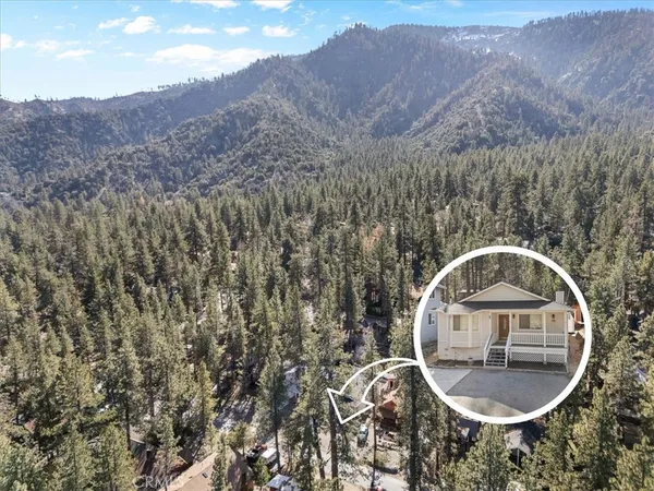 a view of a wooden floor and a mountain in the background