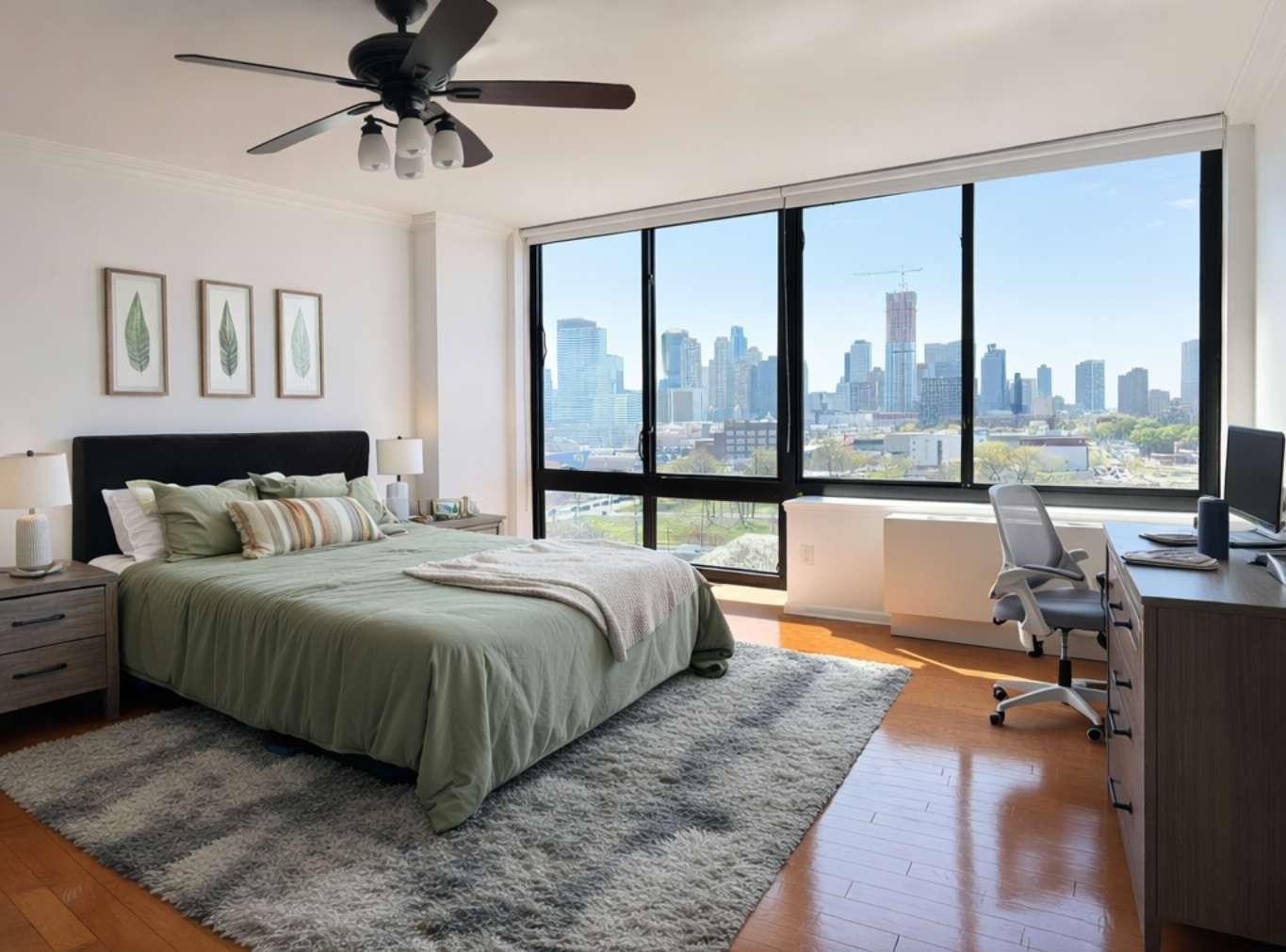 700 Grove Street, Unit 12F Jersey City, NJ 07310 - Photo 2 of 27 a bedroom with a bed and large window
