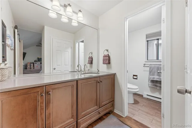 a bathroom with a toilet a sink and a large mirror