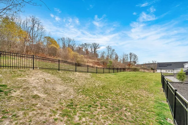 a view of a yard with iron fence