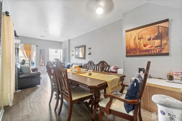 a view of a dining room with furniture