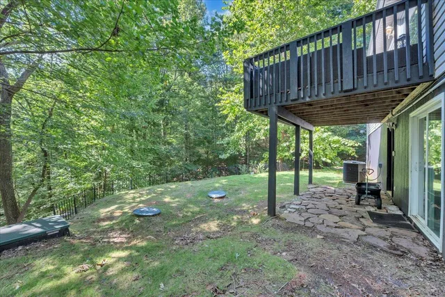 a garden view with a seating space