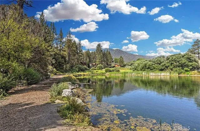 a view of a lake in between two chairs