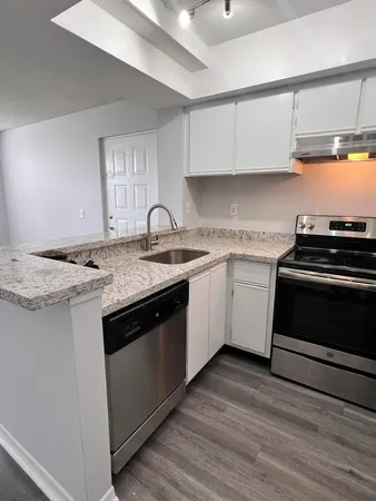 a kitchen with stainless steel appliances granite countertop a sink stove a sink dishwasher and cabinets with wooden floor