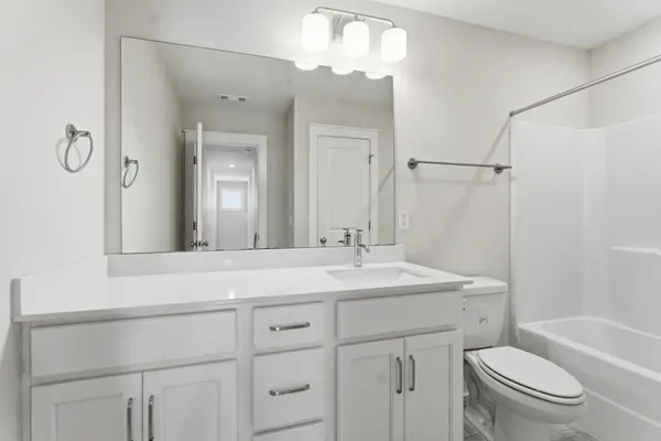 a bathroom with a sink a toilet a mirror a vanity and shower