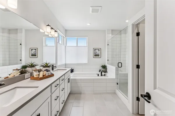 a bathroom with a double vanity sink tub and shower