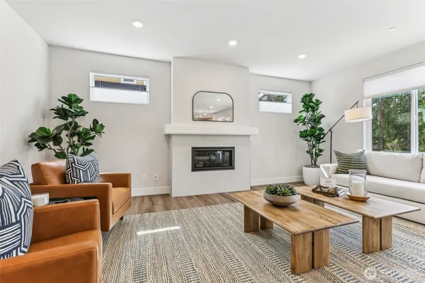 a living room with furniture and a potted plant