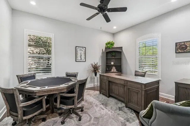 a view of a dining room with furniture