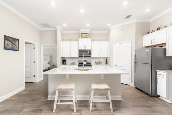 an aerial view of a building with outdoor space