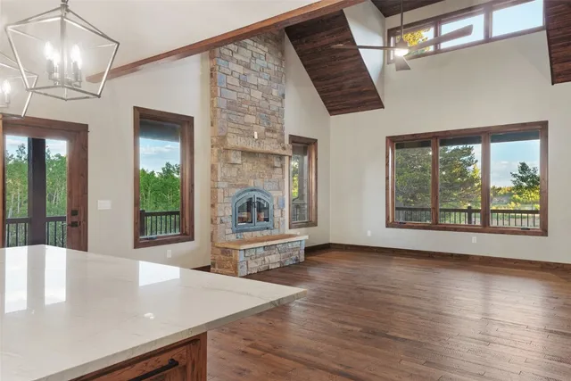 a view of kitchen with furniture and a fireplace