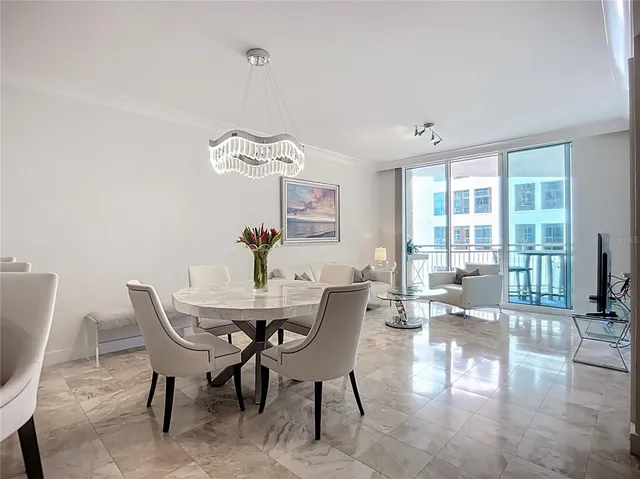 a view of a dining room with furniture wooden floor and chandelier