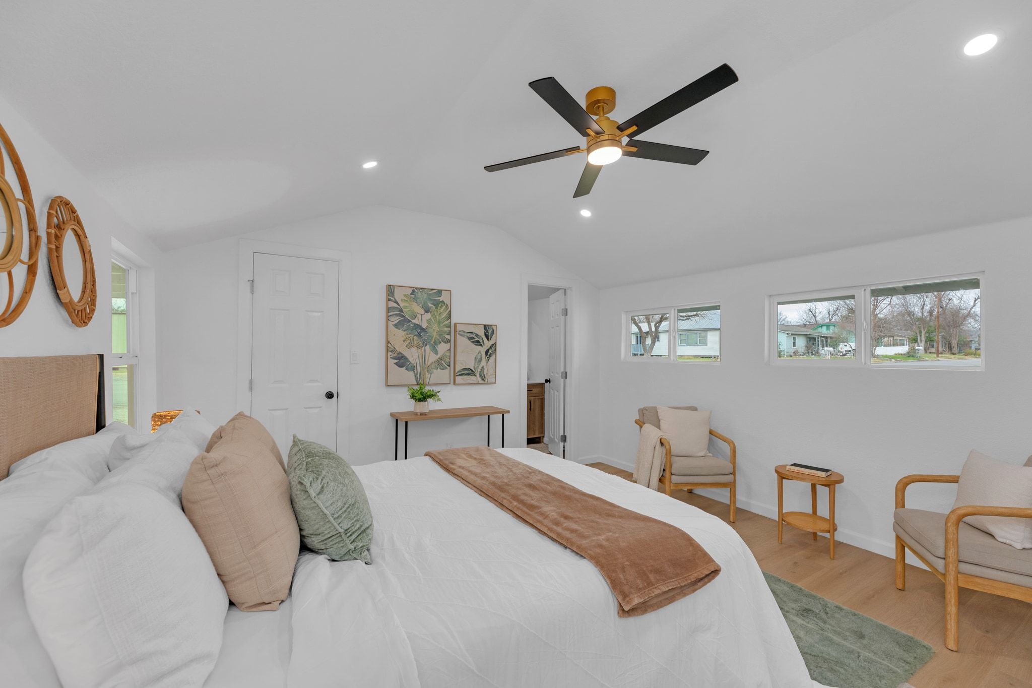1709 Cecelia Street Taylor, TX 76574 - Photo 19 of 37 Bedroom featuring recessed lighting, lofted ceiling, wood finished floors, and ceiling fan